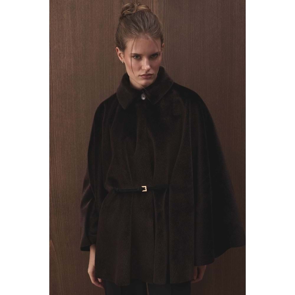 Kahverengi Oversize Pelerin Kaban | Süet Kemerli Gömlek Yaka