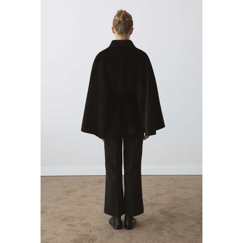 Siyah Oversize Pelerin Kaban | Süet Kemerli Gömlek Yaka