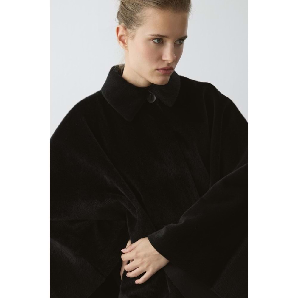 Siyah Oversize Pelerin Kaban | Süet Kemerli Gömlek Yaka