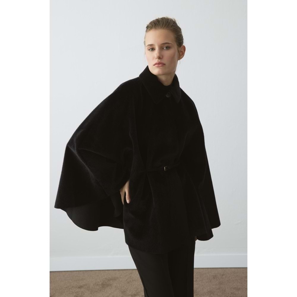 Siyah Oversize Pelerin Kaban | Süet Kemerli Gömlek Yaka