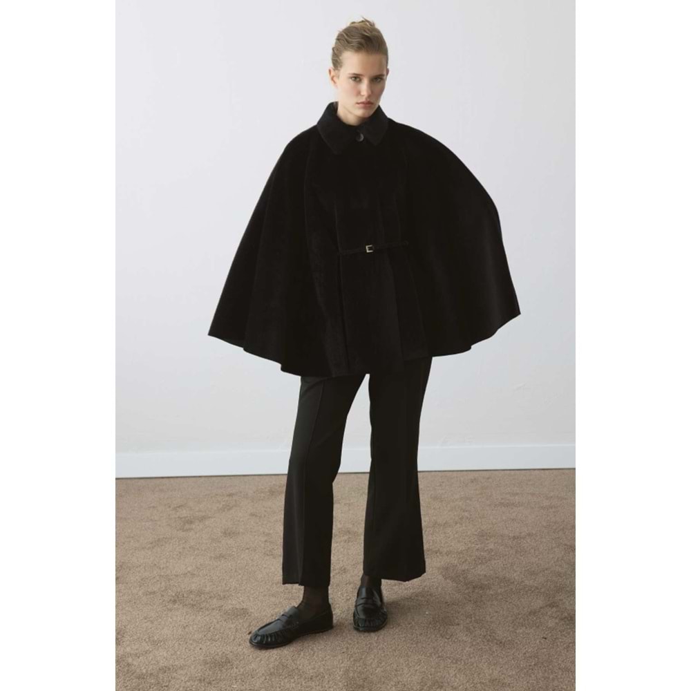 Siyah Oversize Pelerin Kaban | Süet Kemerli Gömlek Yaka