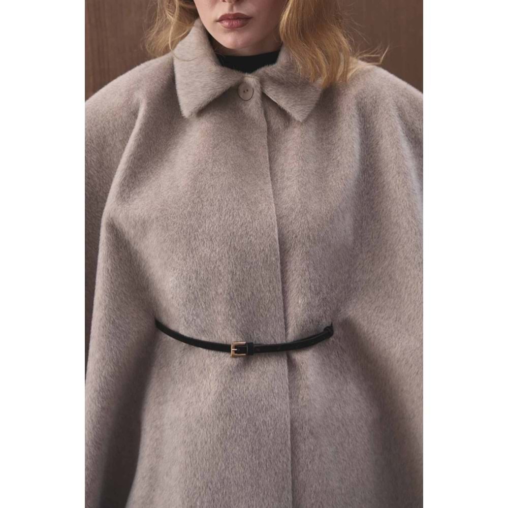 Vizon Oversize Pelerin Kaban | Süet Kemerli Gömlek Yaka