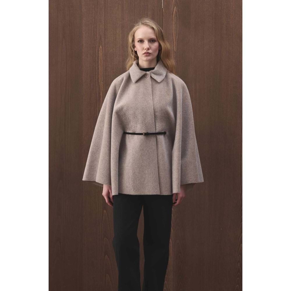 Vizon Oversize Pelerin Kaban | Süet Kemerli Gömlek Yaka