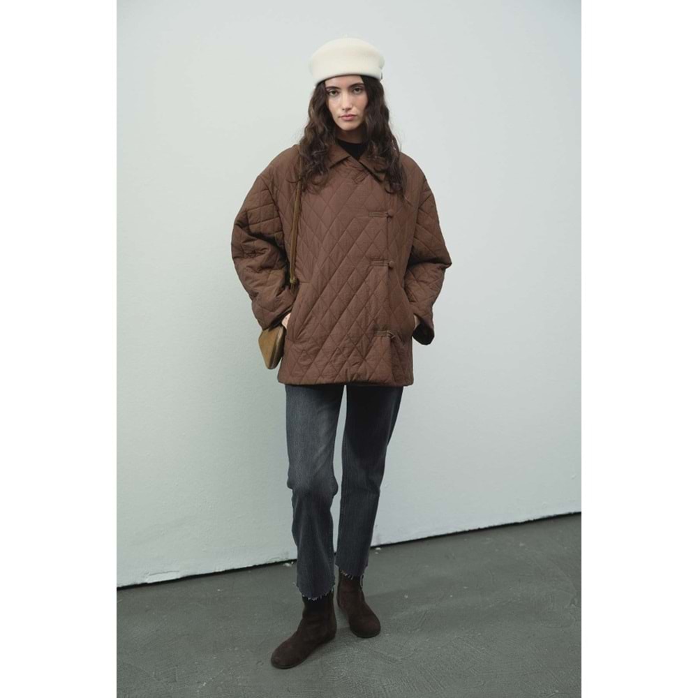 Gömlek Yaka Düğmeli Kapitone Kahverengi Mont L/XL