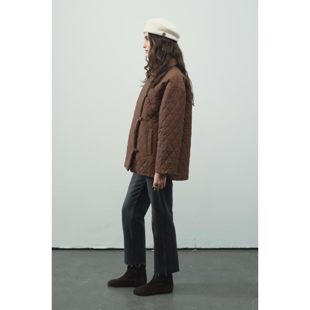 Gömlek Yaka Düğmeli Kapitone Kahverengi Mont L/XL