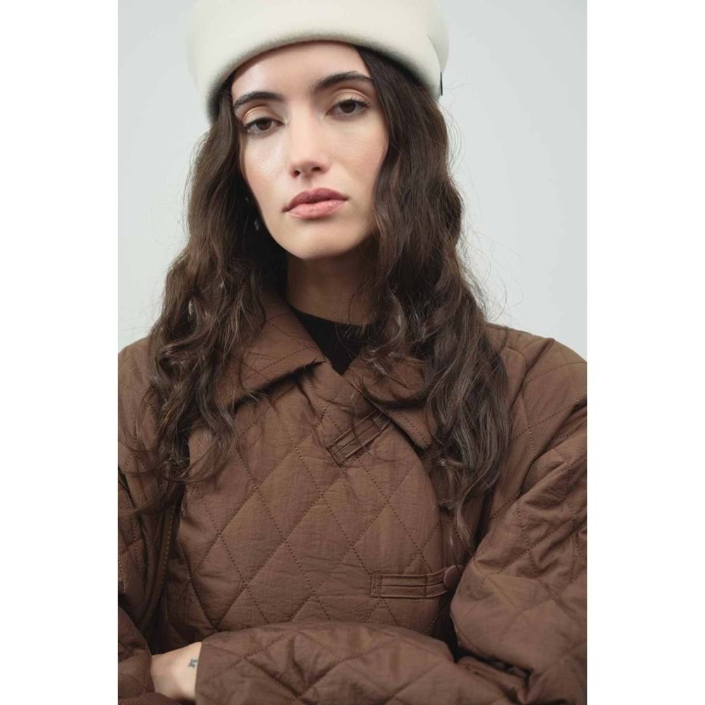 Gömlek Yaka Düğmeli Kapitone Kahverengi Mont L/XL