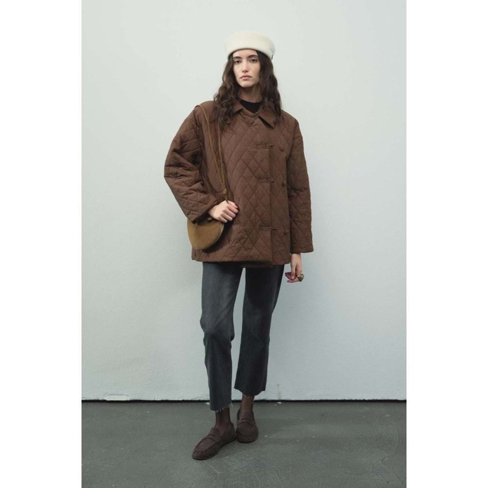 Gömlek Yaka Düğmeli Kapitone Kahverengi Mont L/XL