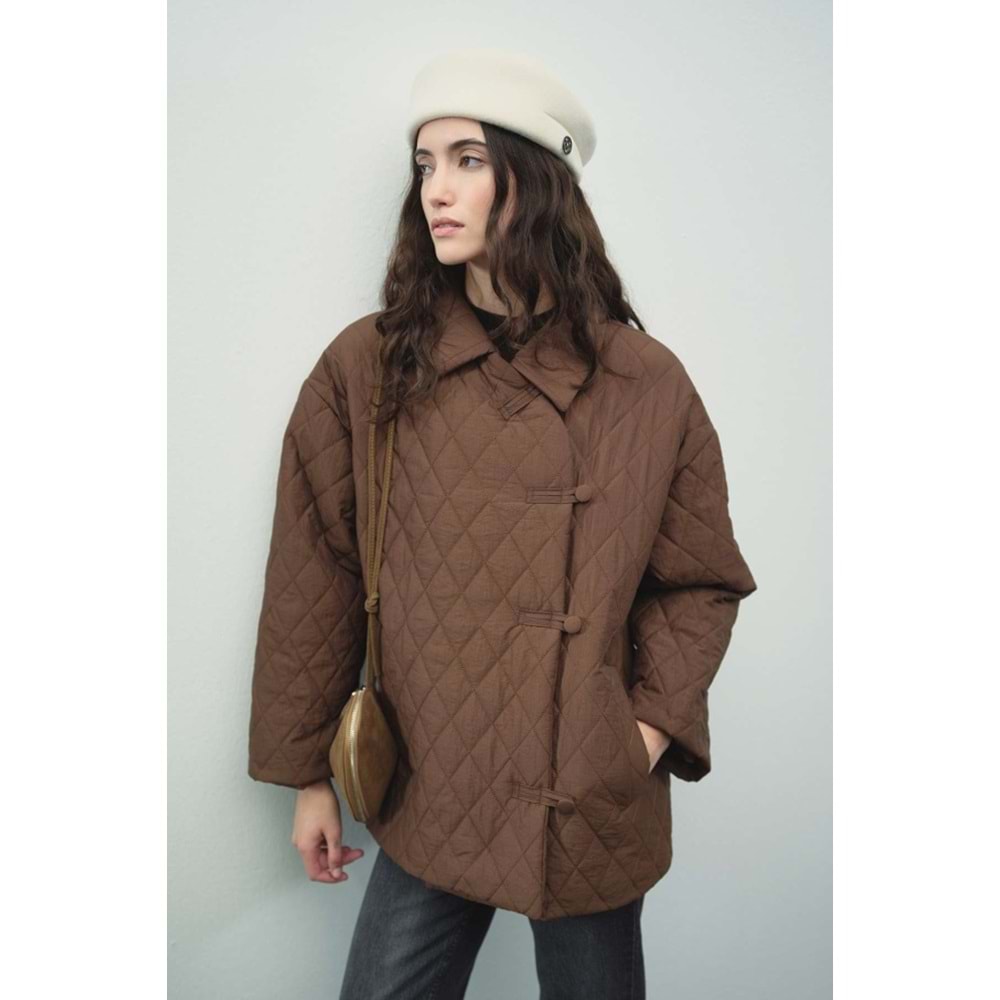 Gömlek Yaka Düğmeli Kapitone Kahverengi Mont L/XL