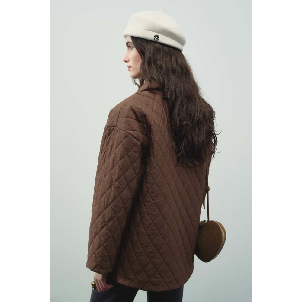 Gömlek Yaka, Düğmeli Kapitone Kahverengi Mont S/M