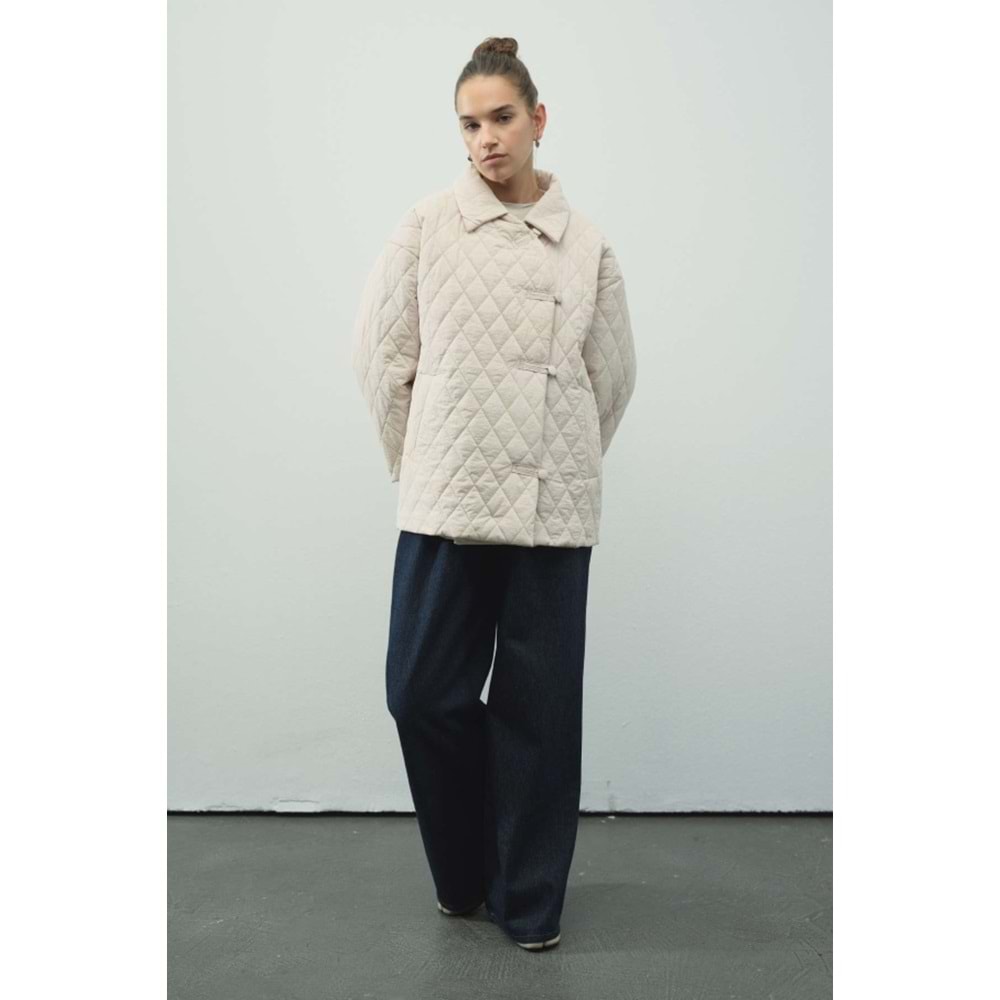 Gömlek Yaka, Düğmeli Kapitone Taş Mont L/XL