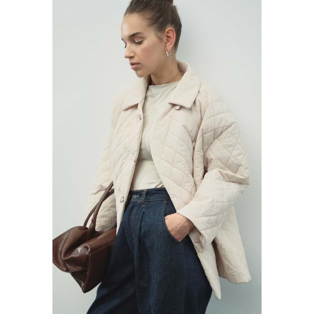 Gömlek Yaka, Düğmeli Kapitone Taş Mont S/M