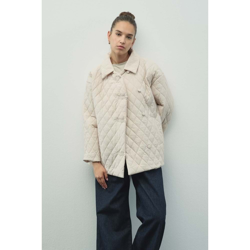 Gömlek Yaka, Düğmeli Kapitone Taş Mont S/M