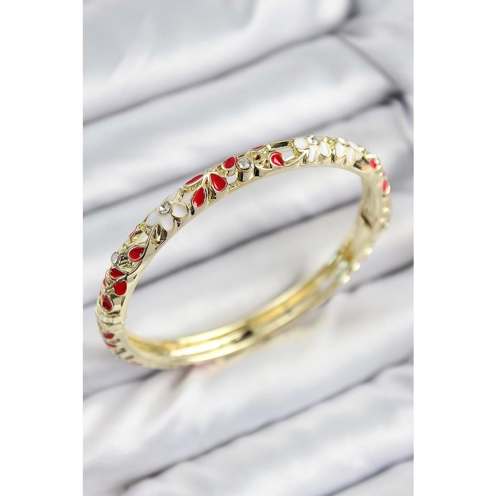 Mineli Pirinç Zirkon Taşlı Kırmızı Çiçek Motifli Gold Kadın Kelepçe