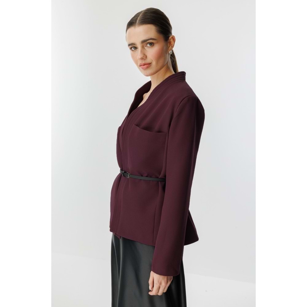 Punto Dikişli Kimono Yaka Bordo Kemerli Ceket L/XL
