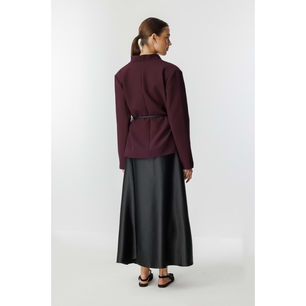 Punto Dikişli Kimono Yaka Bordo Kemerli Ceket S/M