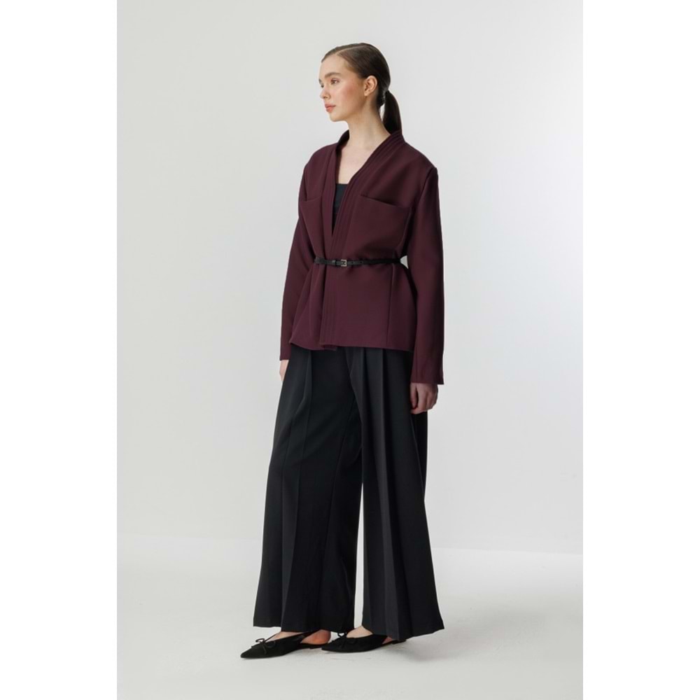 Punto Dikişli Kimono Yaka Bordo Kemerli Ceket S/M