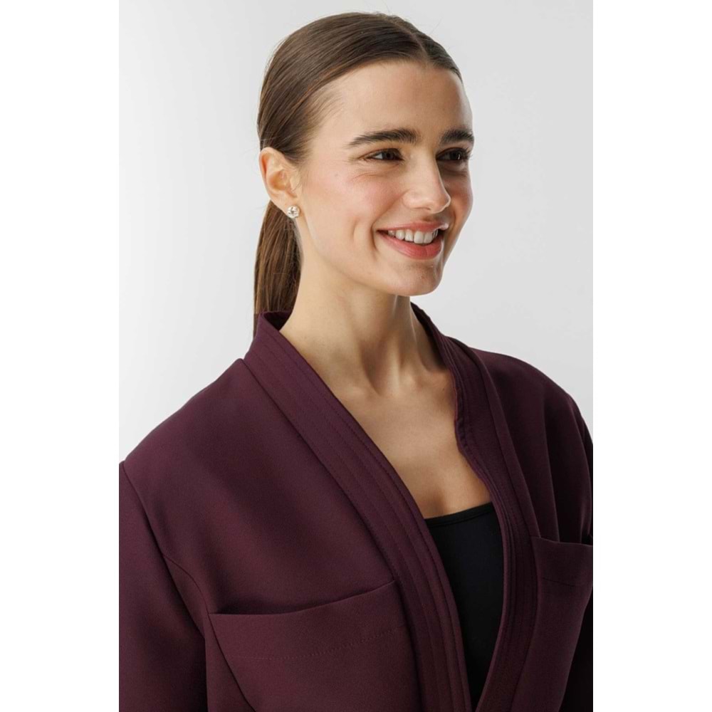 Punto Dikişli Kimono Yaka Bordo Kemerli Ceket S/M