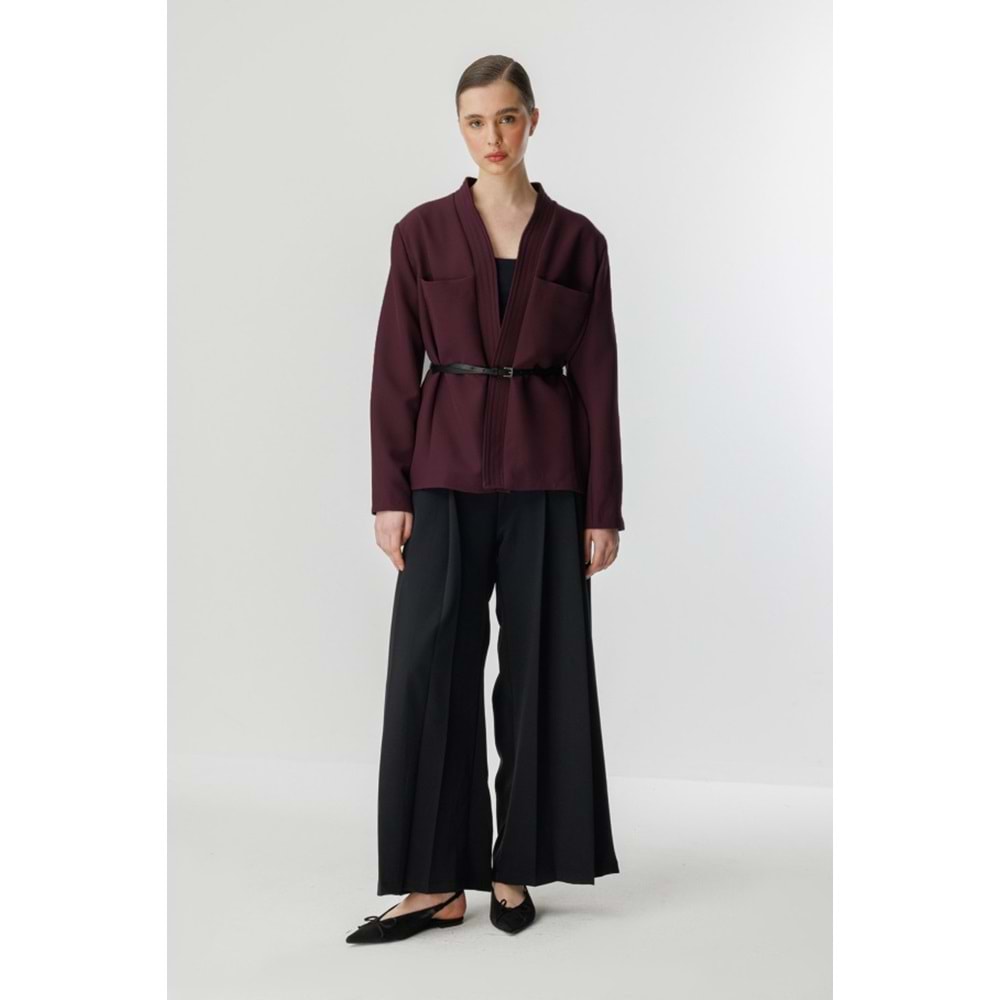 Punto Dikişli Kimono Yaka Bordo Kemerli Ceket S/M