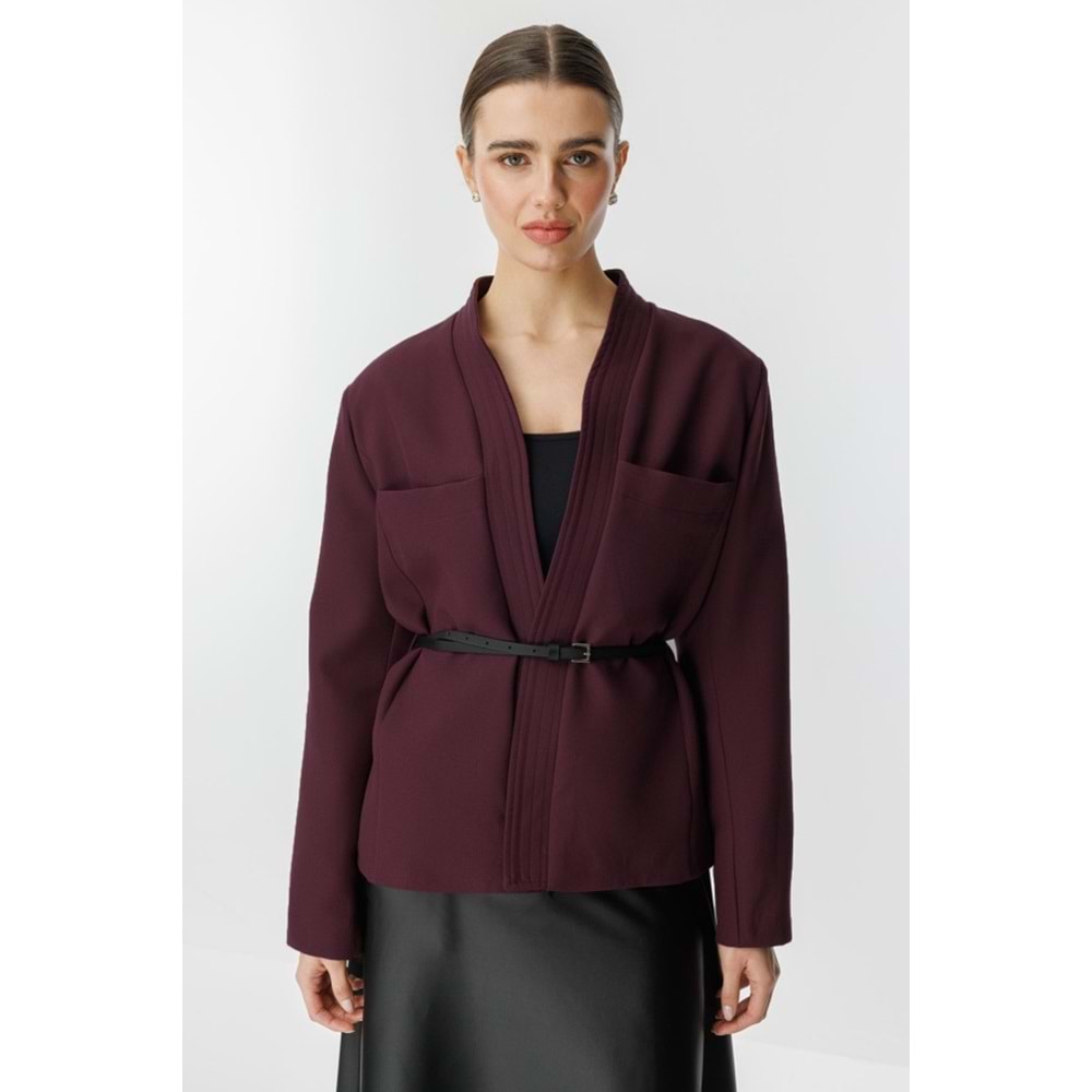 Punto Dikişli Kimono Yaka Bordo Kemerli Ceket S/M