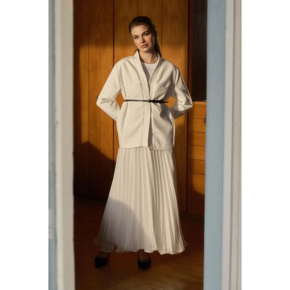 Punto Dikişli Kimono Yaka Ekru Kemerli Ceket L/XL