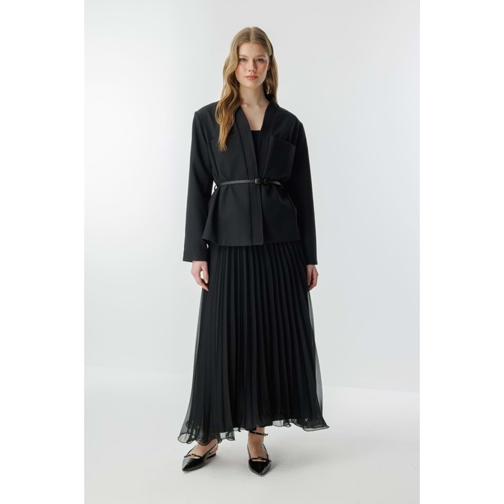 Punto Dikişli Kimono Yaka Siyah Kemerli Ceket L/XL