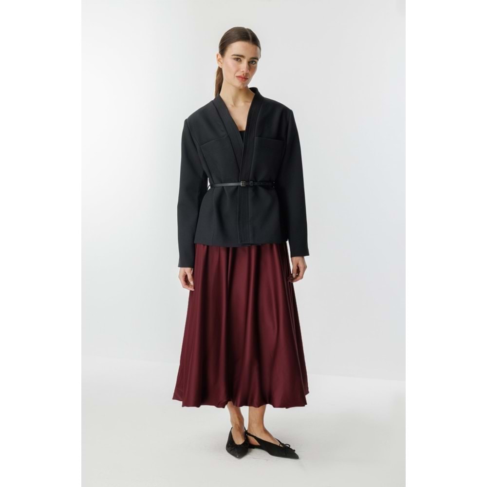 Punto Dikişli Kimono Yaka Siyah Kemerli Ceket L/XL