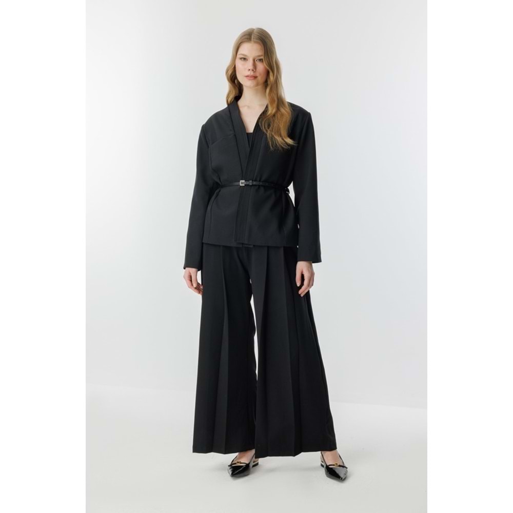 Punto Dikişli Kimono Yaka Siyah Kemerli Ceket L/XL