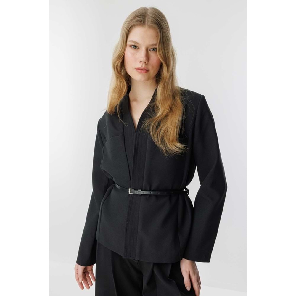 Punto Dikişli Kimono Yaka Siyah Kemerli Ceket L/XL