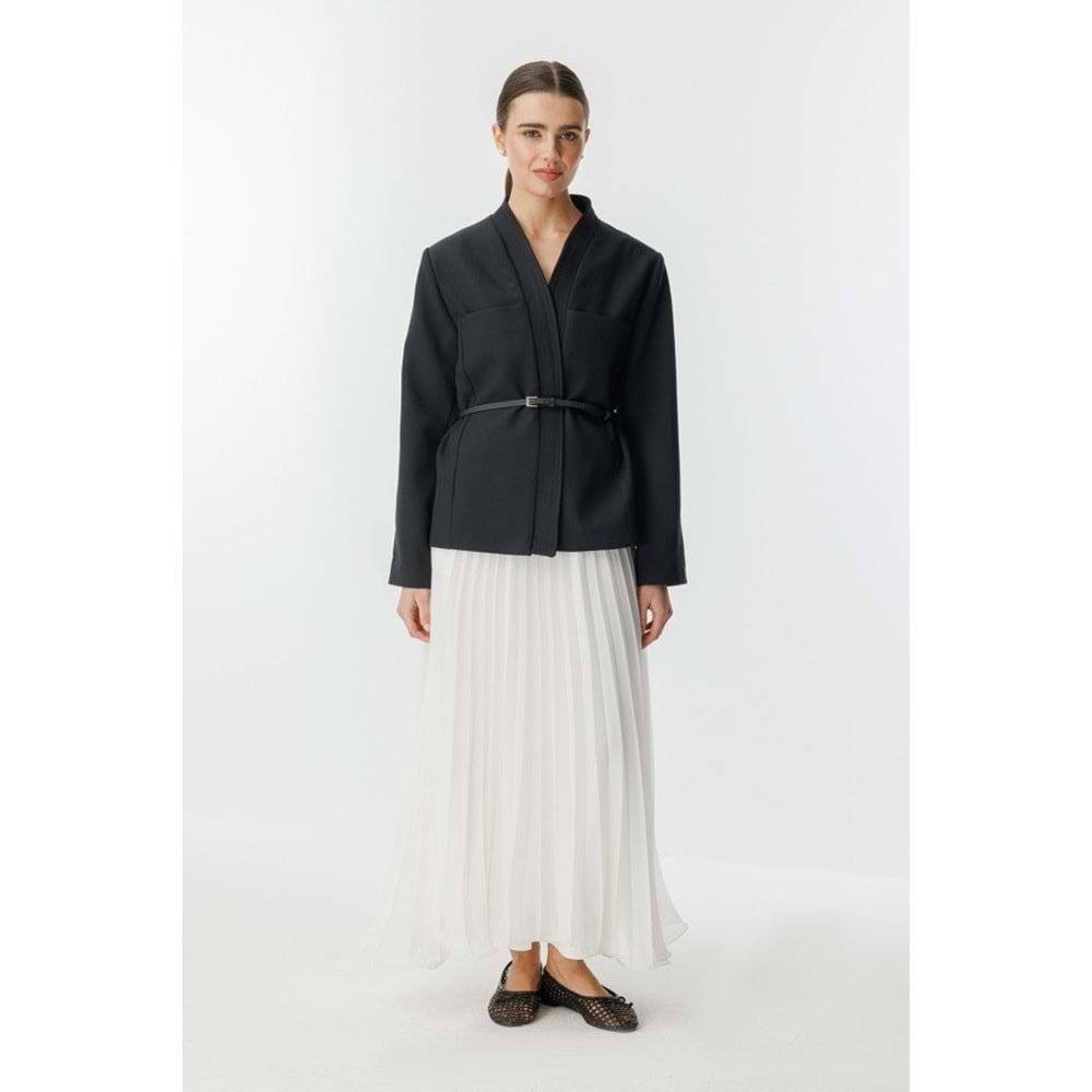 Punto Dikişli Kimono Yaka Siyah Kemerli Ceket L/XL