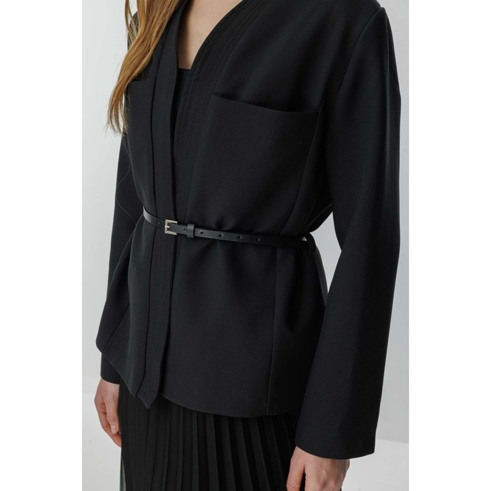 Punto Dikişli Kimono Yaka Siyah Kemerli Ceket L/XL