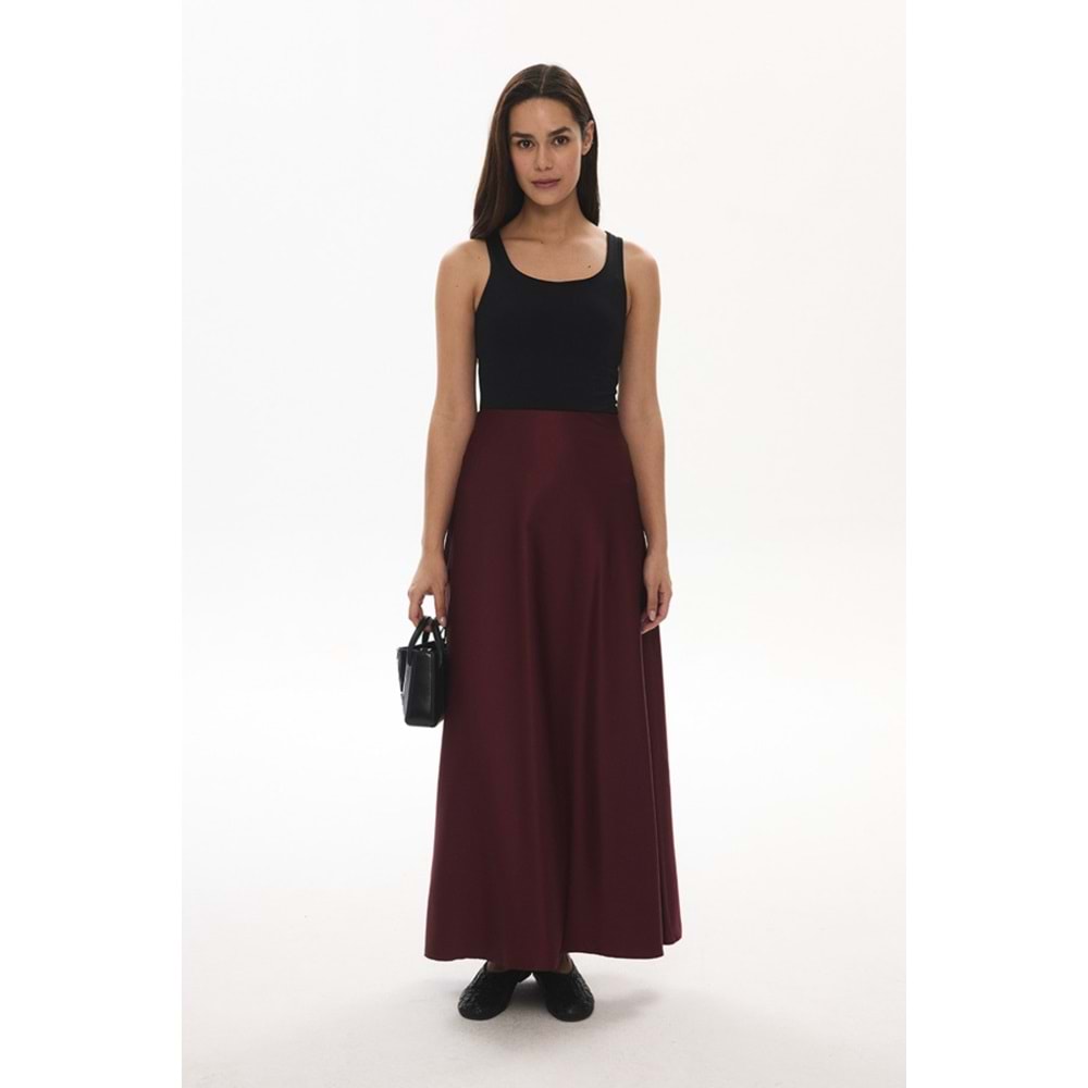Çan Kesim Ribana Lastikli Saten XL Beden Bordo Etek