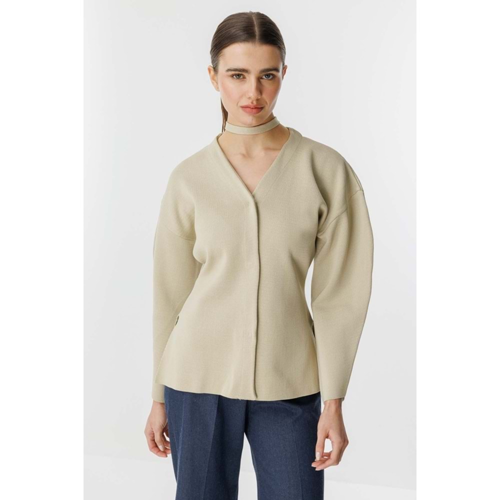 Bej Naye Viscon Karışımlı Hırka M Beden - V Yaka, Baharlık Zarif Örgü