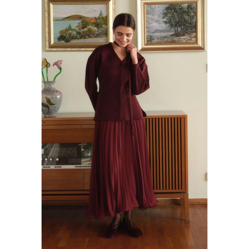 Bordo Naye Viscon Karışımlı Hırka L Beden - V Yaka, Baharlık Zarif Örgü