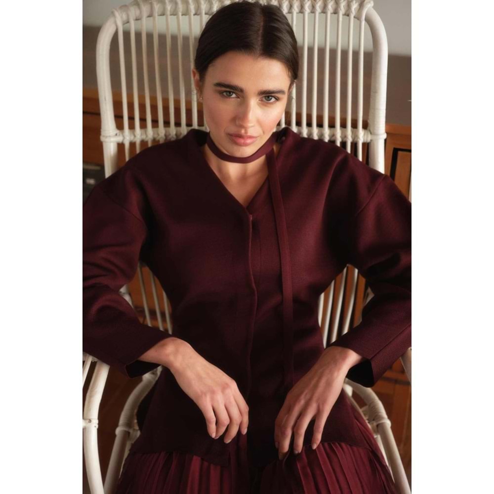 Bordo Naye Viscon Karışımlı Hırka M Beden - V Yaka, Baharlık Zarif Örgü