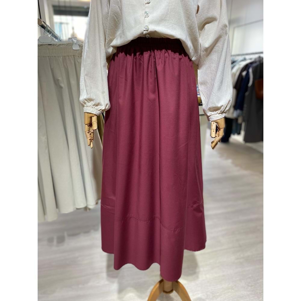 Beli Lastikli Astarlı Bordo Poplin Etek S-M Beden