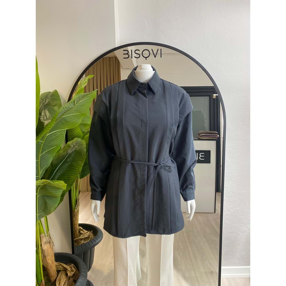 Mandal Bağlamalı Pileli Antrasit Modal Tunik S-M Beden