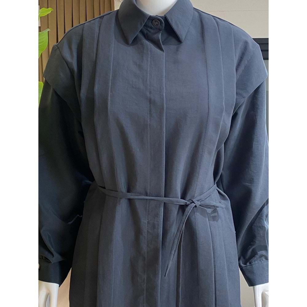 Mandal Bağlamalı Pileli Antrasit Modal Tunik S-M Beden