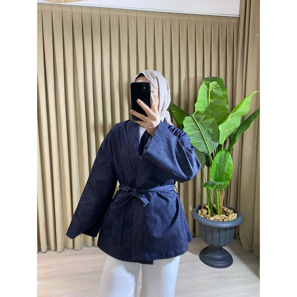 Taba Bağlamalı Gri Çizgili Denim Lacıvert Kimono L-XL Beden