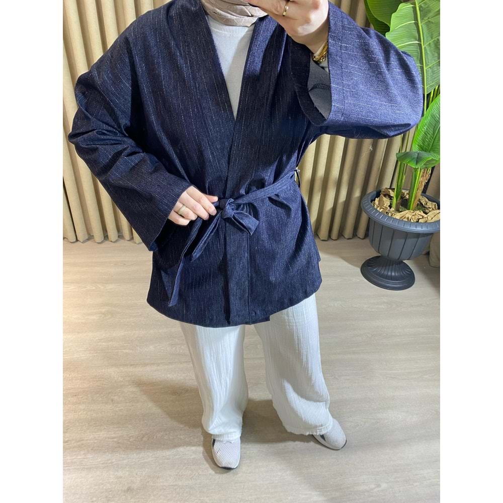 Taba Bağlamalı Gri Çizgili Denim Lacıvert Kimono L-XL Beden