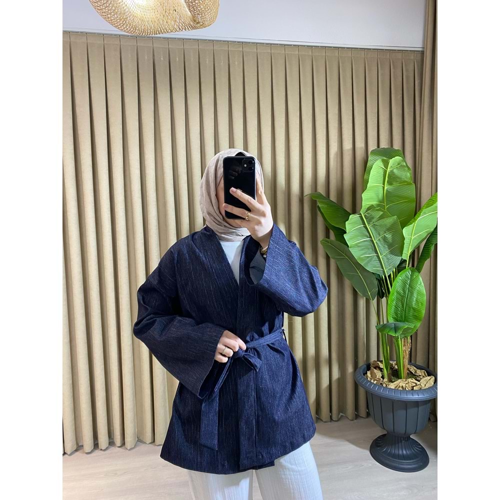 Taba Bağlamalı Gri Çizgili Denim Lacıvert Kimono L-XL Beden
