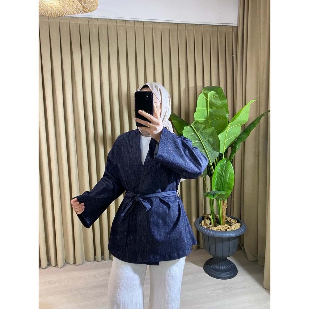 Taba Bağlamalı Gri Çizgili Denim Lacıvert Kimono L-XL Beden
