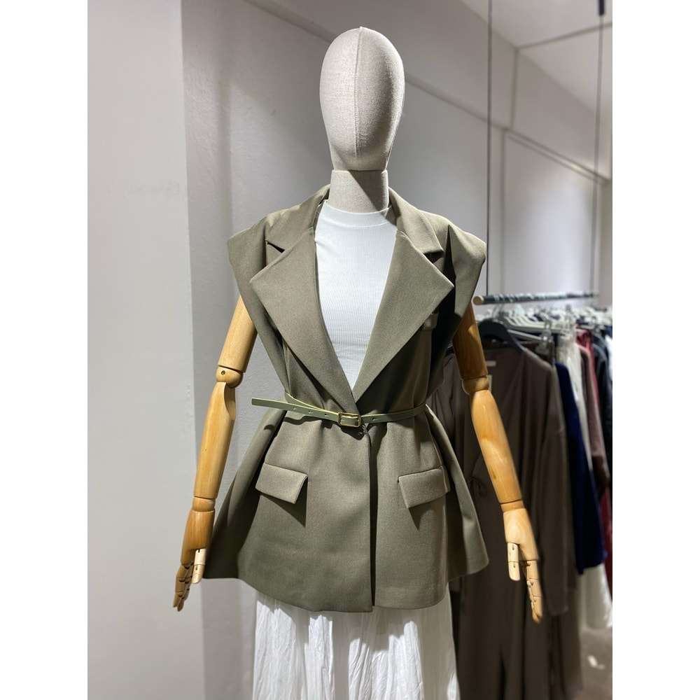 Vatkalı Kemerli Oversize Kadın Haki Yelek L-XL Beden