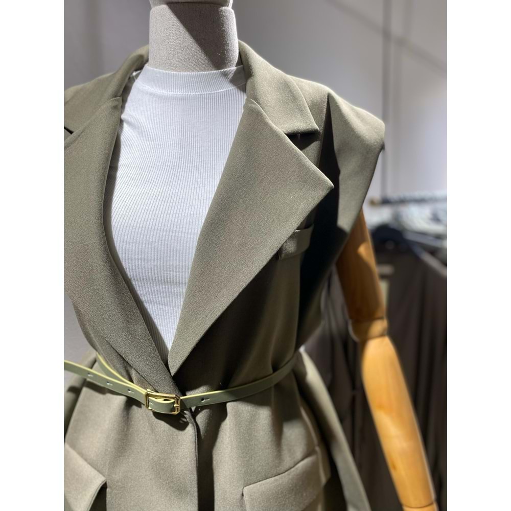 Vatkalı Kemerli Oversize Kadın Haki Yelek L-XL Beden