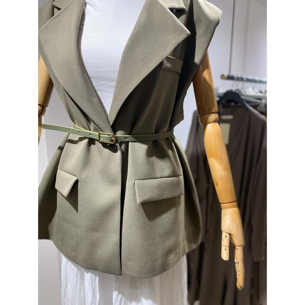 Vatkalı Kemerli Oversize Kadın Haki Yelek L-XL Beden