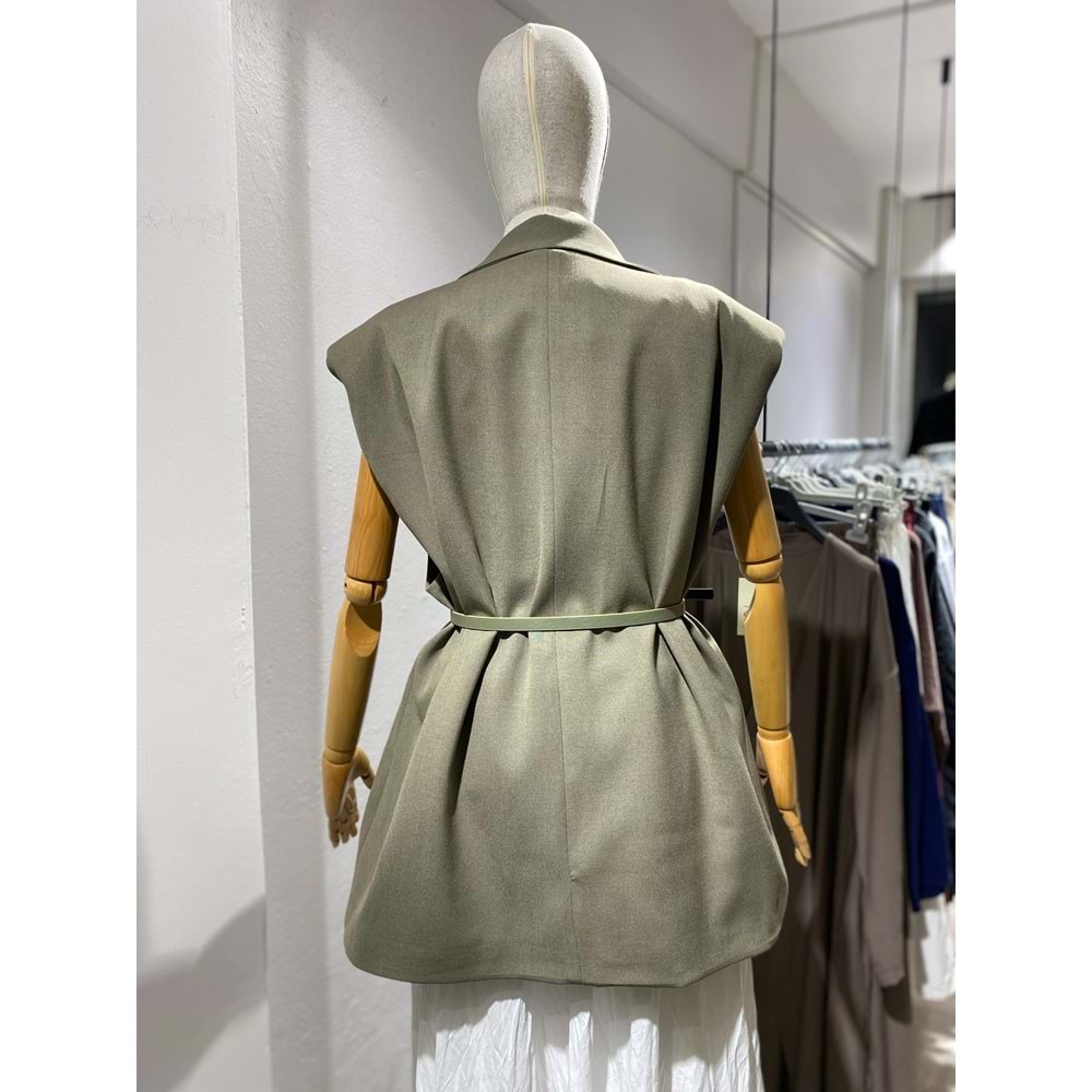 Vatkalı Kemerli Oversize Kadın Haki Yelek L-XL Beden