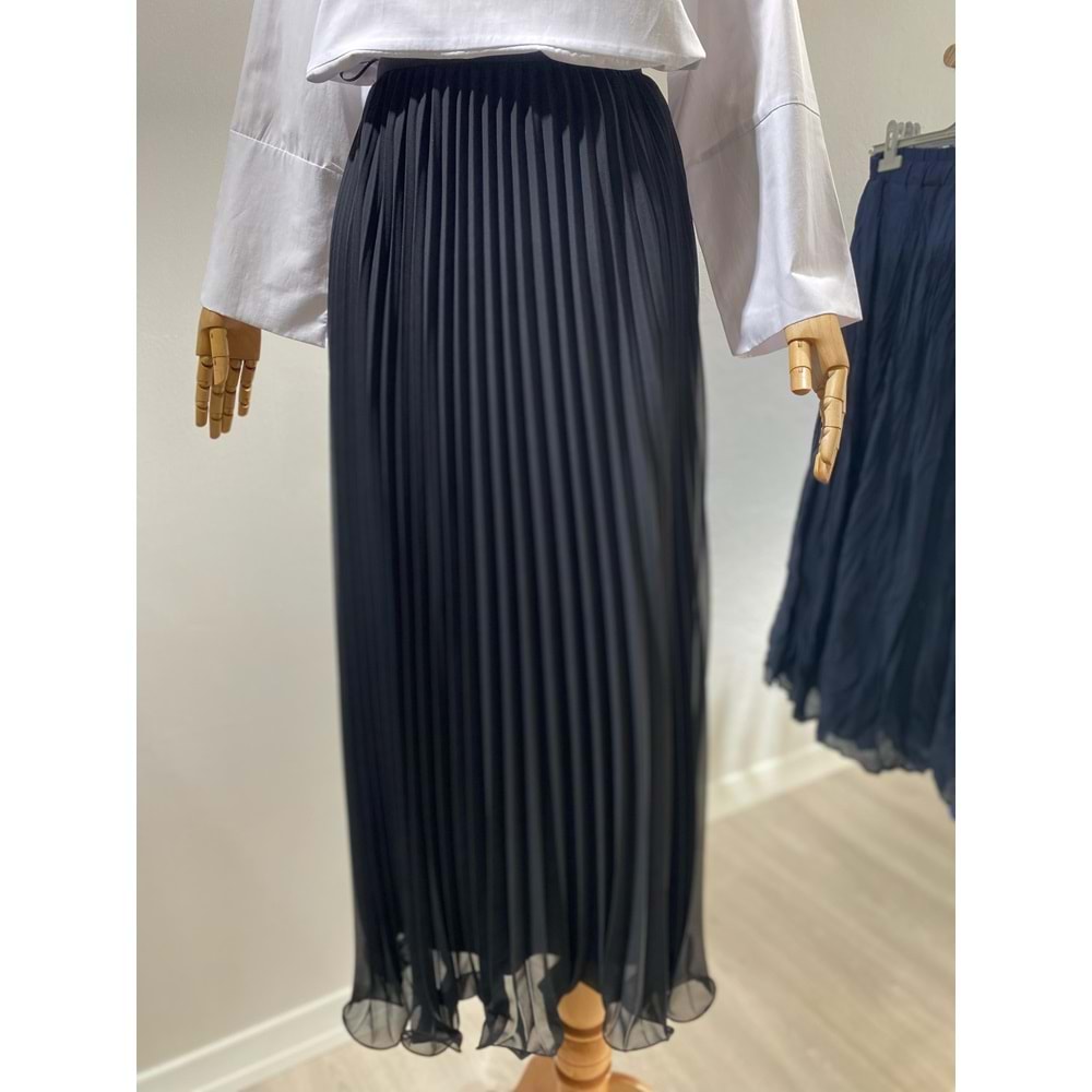 Beli Lastikli Piliseli Şifon Siyah Düz Etek S-M Beden