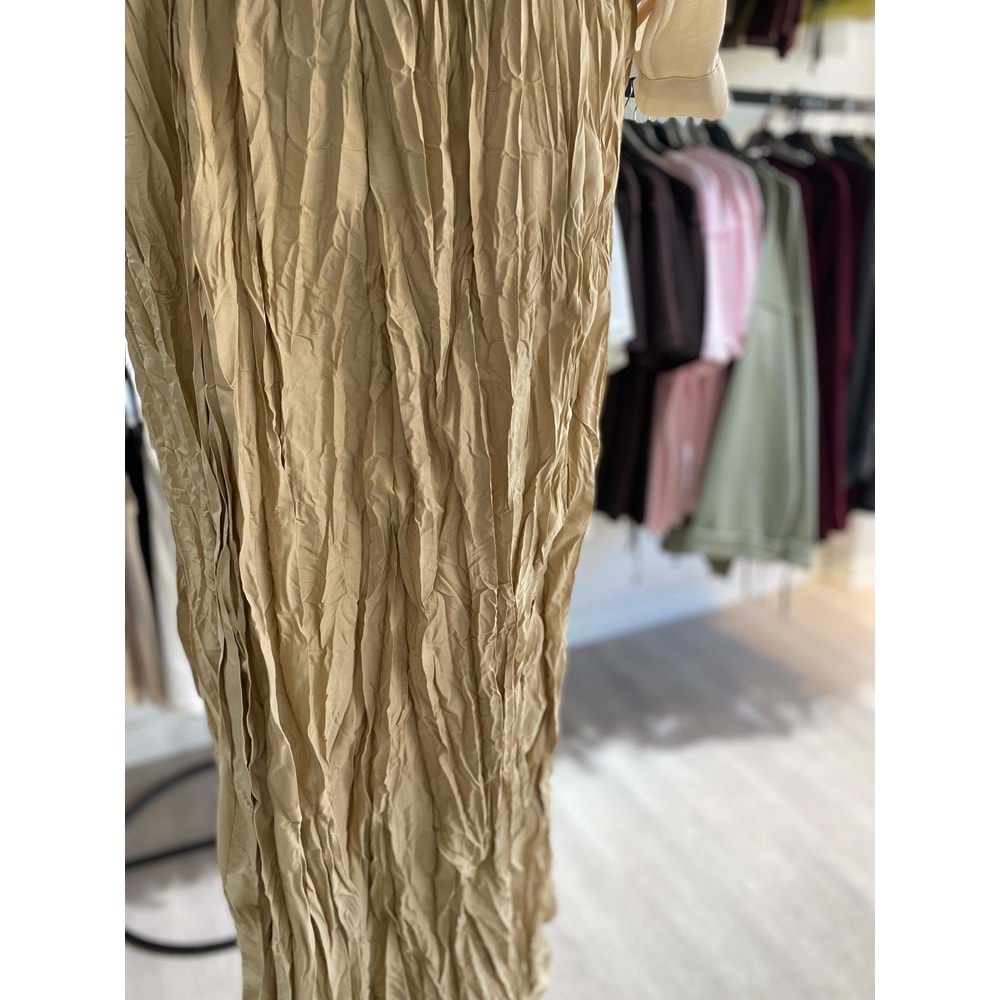 Beli Lastikli Kırışık Bej Etek L Beden 7994