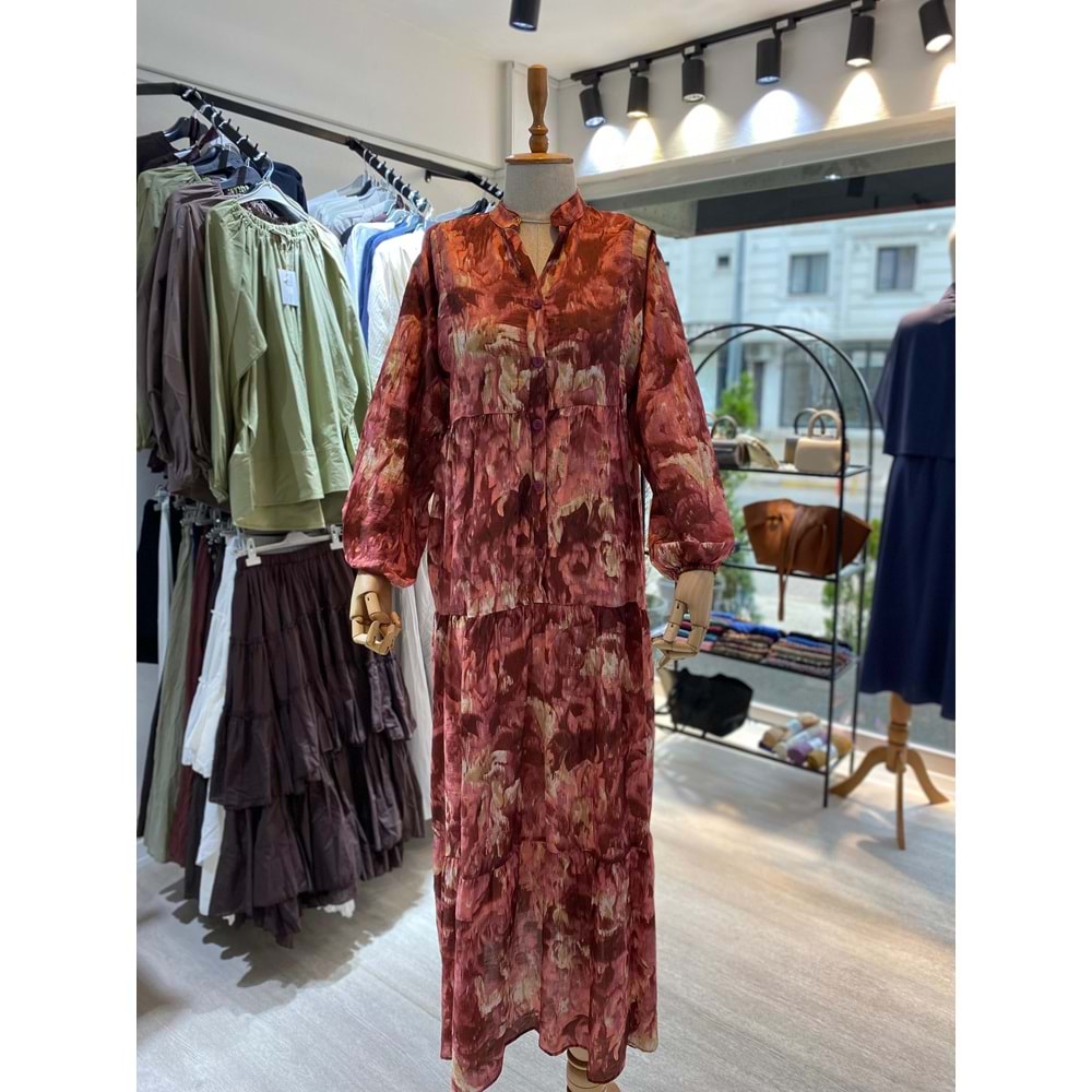 Pamuk Motif Desenli Gül Kurusu Premium Elbise 2 Beden