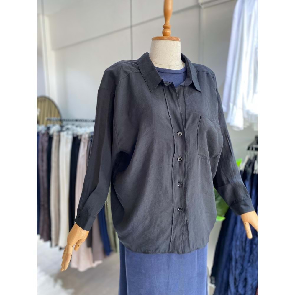Düşük Omuzlu Oversize Tensel Kadın Siyah Gömlek Standart
