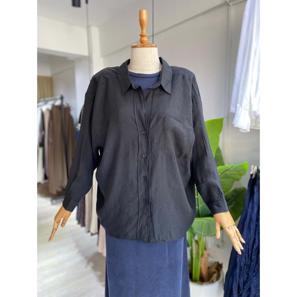 Düşük Omuzlu Oversize Tensel Kadın Siyah Gömlek Standart